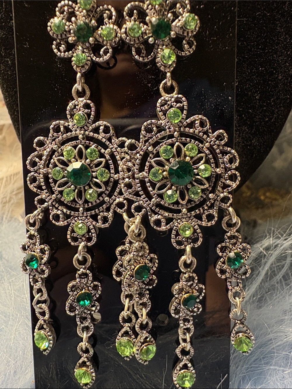 Green Crystal Filigree Chandelier Earrings - Women Jewelry